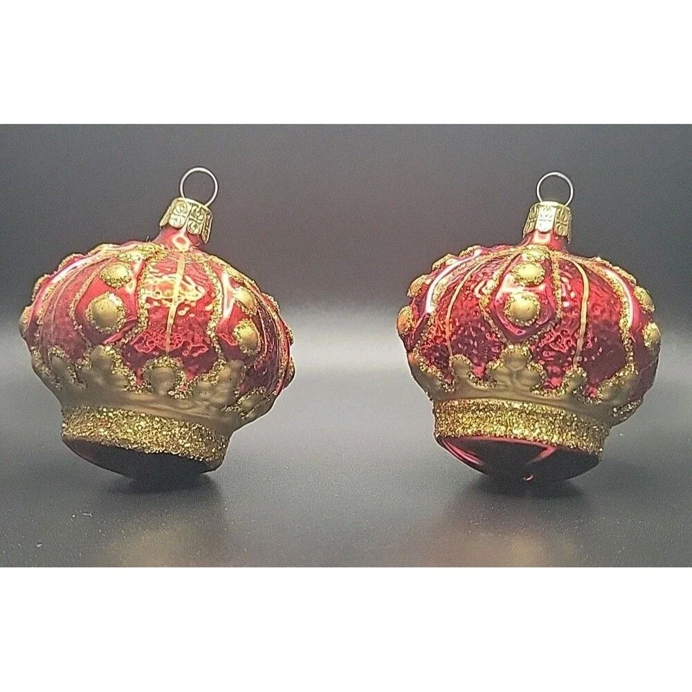 Vtg Czech Republic Blown Glass Crown Christmas Ornaments Red Gold Set of 2 EUC